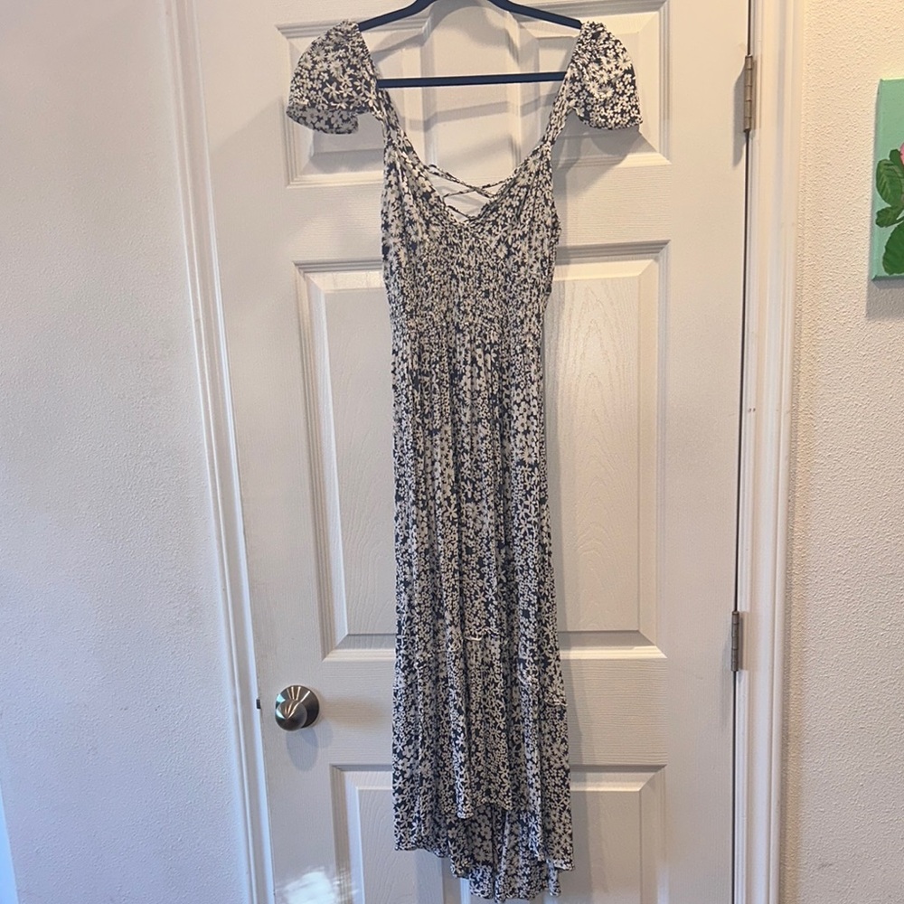 Angie Blue and White High Low Sundress with  Cap Sleeves & lace up  back